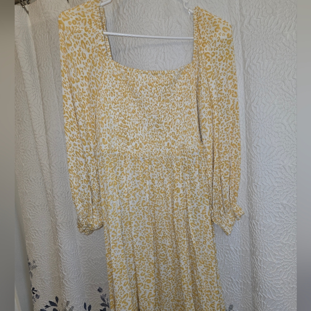 White Birch Cream and Yellow Leopard Long Sleeve Dress